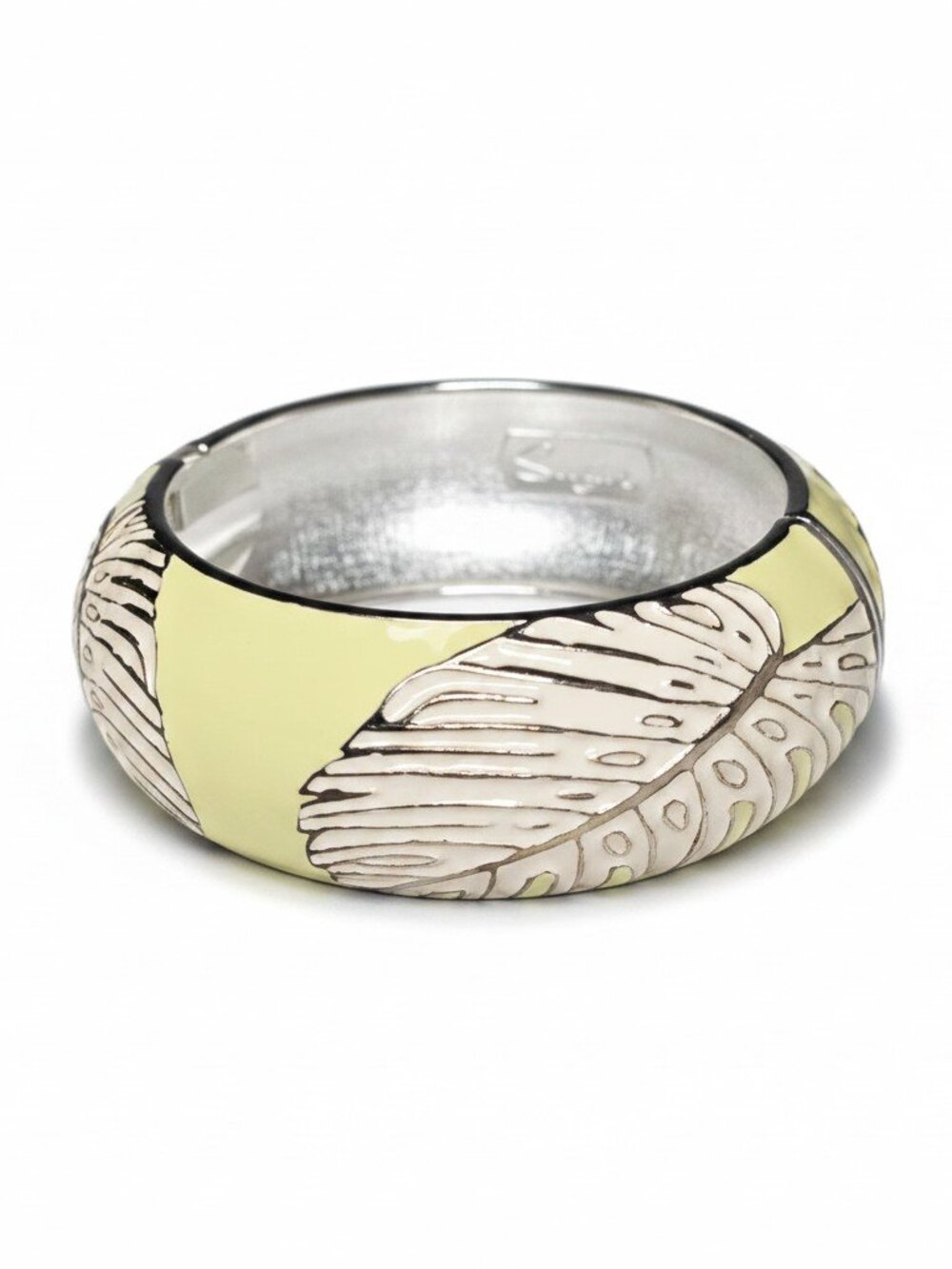 Sequin Women's Monstera Leaf Bangle Bracelet Gold Plated, White & Yellow Enamel